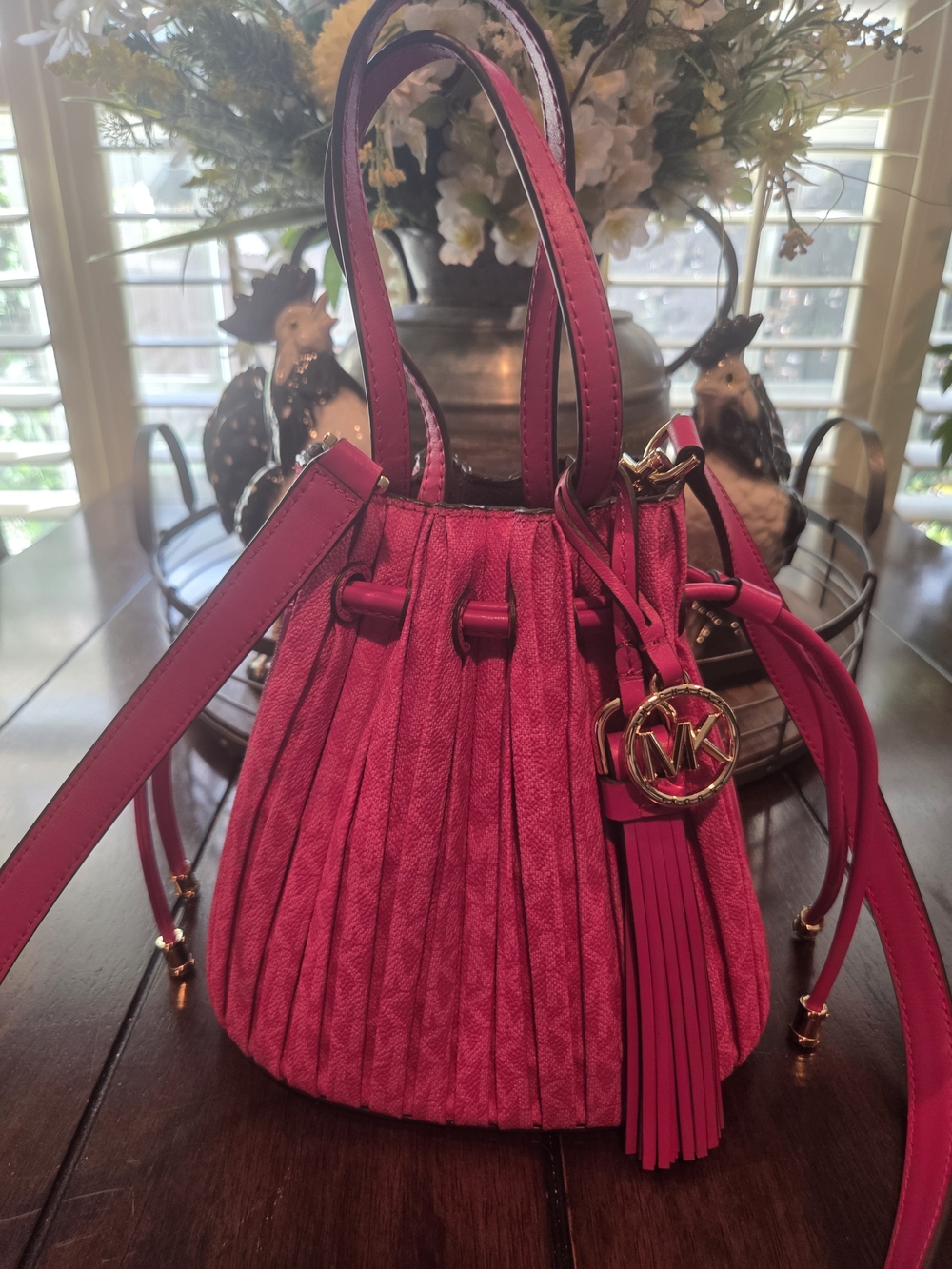 Michael Kors Pink Drawstring Pleated Bucket Bag Raspberry Signature Crossbody.